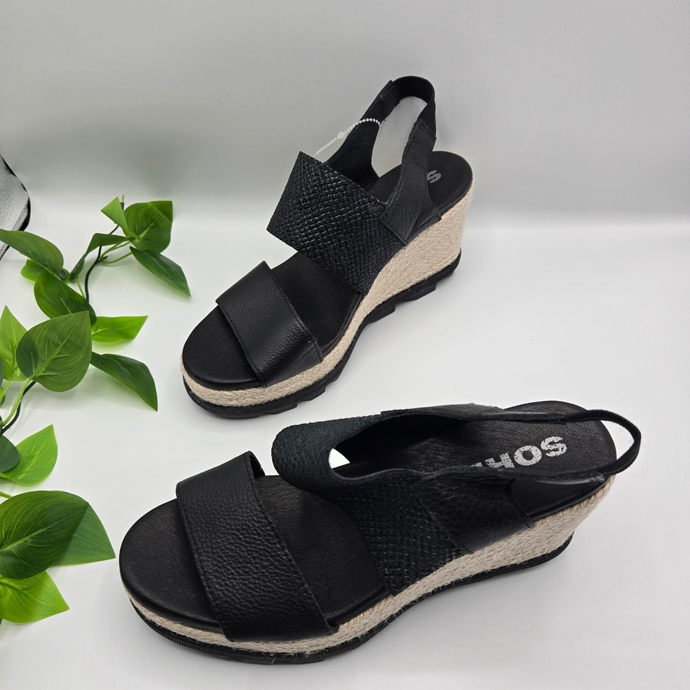 Sorel Joanie II Espadrille Wedge Sandals WMS 9.5 Black Leather